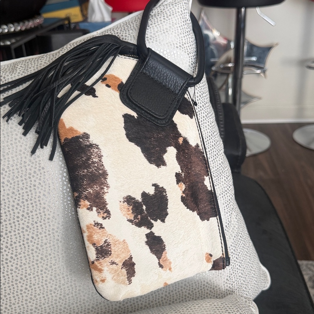 Cowhide hobo Patterned Clutch with Black Fringe
